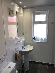 a bathroom with a sink, toilet and mirror at Aran Islands Hotel in Kilronan