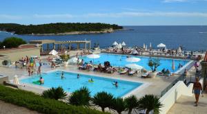 een groep mensen in een zwembad naast het water bij Apartmani Andrea in Pula