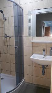 a bathroom with a shower and a sink and a mirror at Pokoje Gościnne Nad Złotym Potokiem in Jarnołtówek