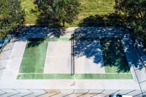 an overhead view of a tennis court with trees at Iris Hotel in Siviri