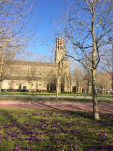 a building with a tower on top of it with purple flowers at Residentie TYL - Leopoldlaan 122 in Knokke-Heist