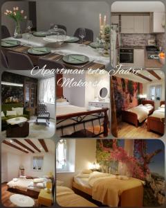uma colagem de fotos de uma cozinha e uma sala de estar em Apartman Teta Jadre em Makarska