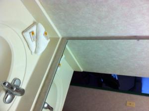 einen Spiegel in der Ecke eines Badezimmers in der Unterkunft O'Hare Inn & Suites in Schiller Park