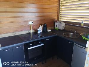 a small kitchen with a sink and a stove at 13 residence belle de nuit in Bouillante +1 photo