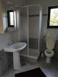 a bathroom with a sink and a toilet and a shower at Vila Kajče in Omišalj