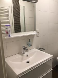 ein Badezimmer mit einem weißen Waschbecken und einem Spiegel in der Unterkunft Zweibettzimmer in Kaiserslautern