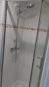 kabinę prysznicową ze szklanymi drzwiami i prysznicem w obiekcie Maisonnette bois flottés w mieście Salles