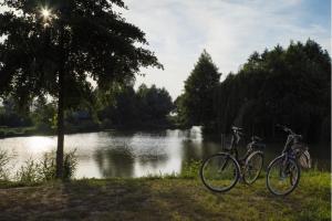 Dos bicicletas están estacionadas junto a un lago. en Restauracja Teo, en Cieszków