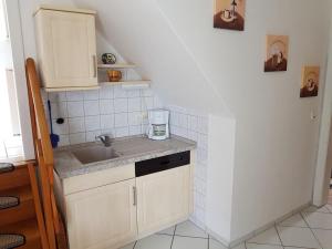 uma cozinha com um lavatório e uma bancada em Müller´s Ferienwohnung em Neuhof