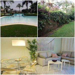 salon z kanapą, stołem i basenem w obiekcie Chez Elo's Marbella Milla de Oro. Jardin Privado w Marbelli