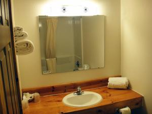 a bathroom with a sink and a mirror at Hiawatha Lodge Inn in Eagle River