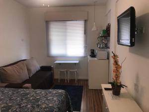 sala de estar con cama y sofá en Flat Cavalinho Branco -102, en Águas de Lindóia