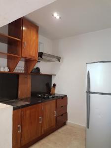 a kitchen with wooden cabinets and a refrigerator at Na Balam Hotel in Isla Mujeres