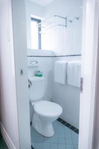 La salle de bains blanche est pourvue d'une douche et de toilettes. dans l'établissement Great Southern Hotel Sydney, à Sydney