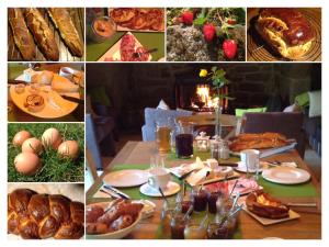 un collage d'images d'une table avec des aliments dans l'établissement A L'Ombre du Tilleul, à Comiac