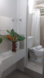 a bathroom with a toilet and a vase with a plant at Departamentos de la Reina Roja in Palenque +70 photos