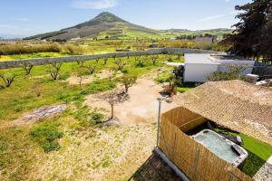 an aerial view of a farm with a mountain in the background at Louros Spa House in Mármara
