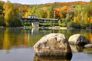 a large rock in the water in front of a building at Le Boisé du Lac in Mont-Tremblant