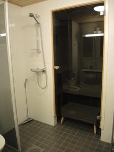a bathroom with a shower and a toilet and a sink at Pearl in Raahe