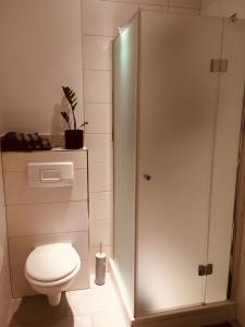 ein Badezimmer mit Toilette und Glasdusche in der Unterkunft Ferienwohnung am Nürburgring/Wintersport Arft in Acht