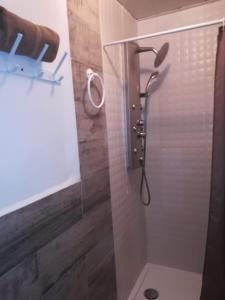 a shower with a shower head in a bathroom at Apto con patio y barbacoa BBQ H de la Reina in Córdoba