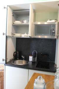 una cucina con lavandino e forno a microonde di Logierhaus Stadt Lyon a Bad Ems