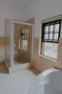 a bathroom with a glass shower with a window at Cana Vineyard Guesthouse in Paarl