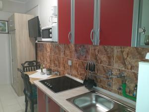 una cocina con fregadero y armarios rojos en Apartments Đorđe & Anna, en Fažana