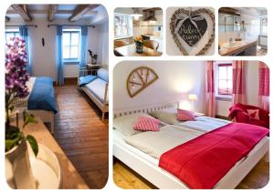 eine Collage mit drei Bildern eines Schlafzimmers und eines Wohnzimmers in der Unterkunft GoldGemäuer Appartements in Ochsenfurt