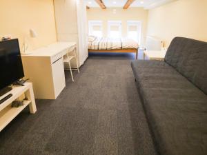 salon z kanapą i łóżkiem w obiekcie Low Ceiling Apartment w Rydze