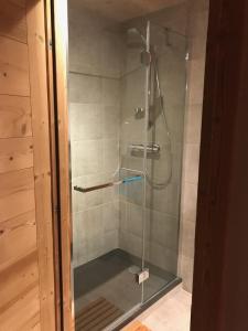 a shower with a glass door in a bathroom at Chalet Cyclamens- 65m2 plein centre des Carroz - WIFI & parking! in Les Carroz d'Araches