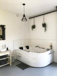 a white bath tub in a bathroom with a sink at B&B De Achterdiek in Ruinen