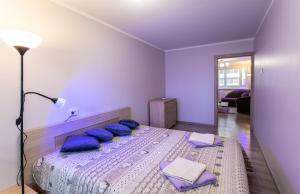 a bedroom with a bed with blue pillows on it at Apartamentai Domeva in Druskininkai