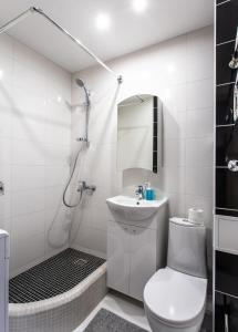 a bathroom with a toilet and a sink and a shower at Apartamentai Domeva in Druskininkai