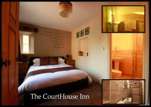 two pictures of a bedroom with a bed and a bathroom at The Court House Inn in Thrapston
