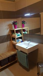 La salle de bains est pourvue d'un lavabo et d'un miroir. dans l'établissement Anteo holiday house, à Riposto