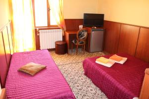 a bedroom with two beds and a tv and a desk at семеен хотел Визаж in Yambol