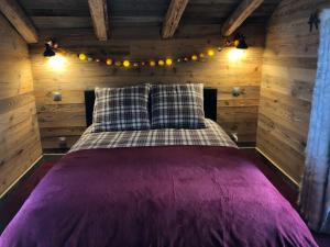 una camera con un letto in una cabina di legno di le mazot d'urbain a Tignes