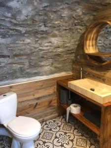 La salle de bains est pourvue de toilettes blanches et d'un lavabo. dans l'établissement le mazot d'urbain, à Tignes