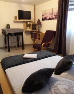 a living room with two beds and a desk at Gite "Lili" in Lapoutroie