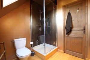 a bathroom with a toilet and a glass shower at Le cottage de Savigny in Valognes +19 photos