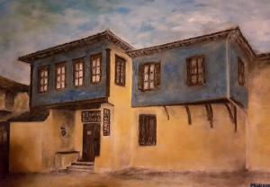 une peinture à l'huile d'une maison dans l'établissement Kallisto Traditional Guesthouse, à Litochoro