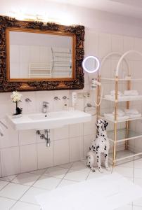 a bathroom with a dog sitting under a sink at Stadthotel Restaurant Auerhahn in Vöcklabruck