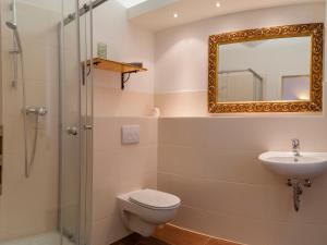 ein Badezimmer mit Toilette, Waschbecken und Spiegel in der Unterkunft Domizil am Kaitzbach in Dresden
