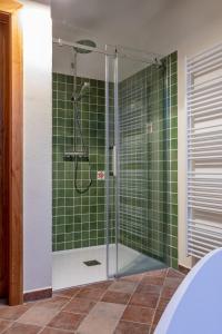 bagno con doccia e pareti verdi piastrellate di Statek U Medvěda a Nová Pec Altre 37 foto