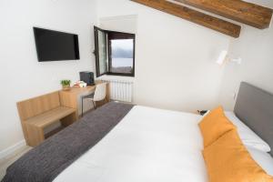 um quarto com uma cama, uma secretária e uma televisão em Villa Lucerna Sports & Hotel Resort em Vigo de Sanabria