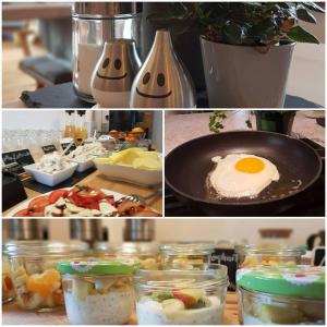 a collage of pictures of food and eggs in jars at s´Quartier am Schliersee in Schliersee