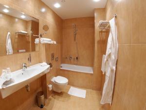 e bagno con lavandino, servizi igienici e doccia. di EA Hotel Sonata a Praga