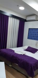 伊斯坦堡的住宿－Arya Hotel，一间卧室配有一张带紫色床单的床和窗户。
