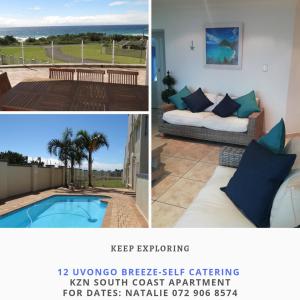 un collage di due immagini di un soggiorno e di una piscina di 12 Uvongo Breeze a Uvongo Beach